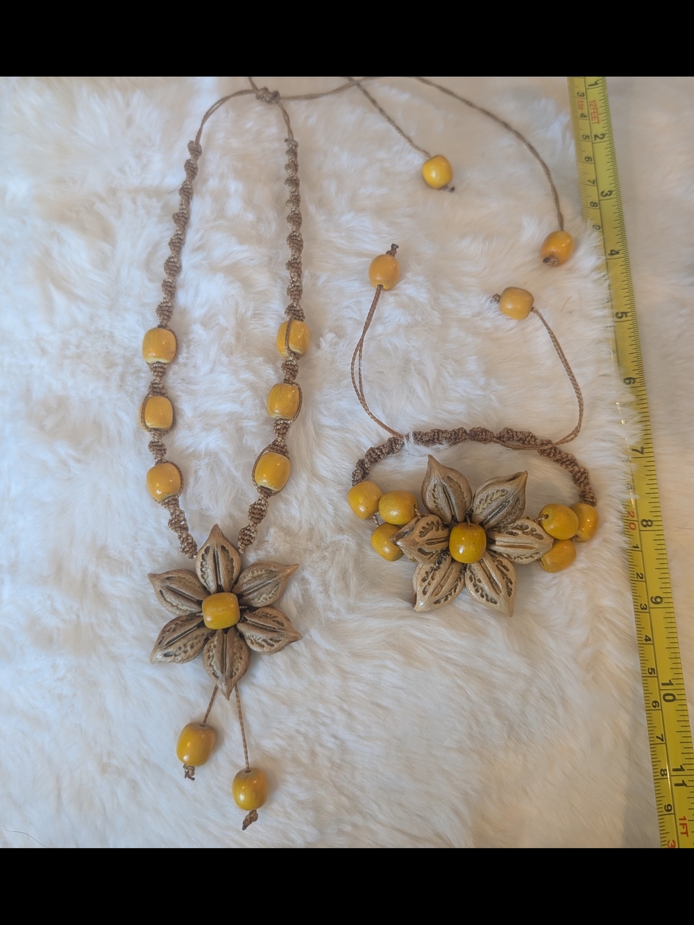 Handcrafted Wooden Flower Pendant Necklace And Bracelet Set - Yellow